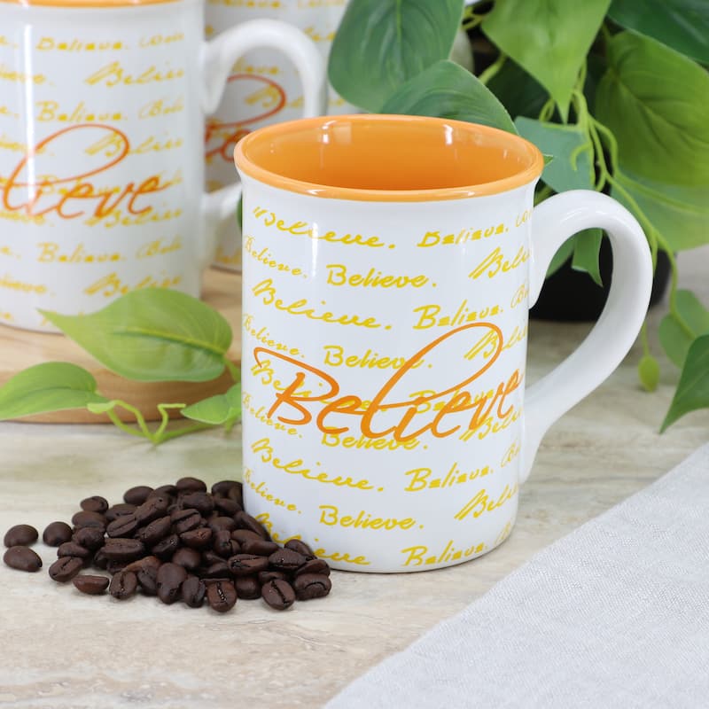 Gibson Home Inspirational Words Believe 4 Piece 16 Ounce Stoneware Mug Set in Orange