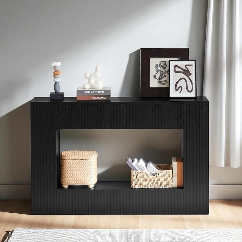 55" Modern Slatted Console Table, Narrow Entryway Table with Ash Veneer for Hallway or Foyer