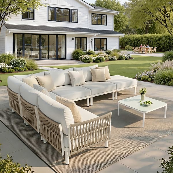 slide 2 of 30, Outdoor Patio Aluminum PE Rattan Free Combination Sectional Sofa Conversation Seating Set 6Seats - Beige