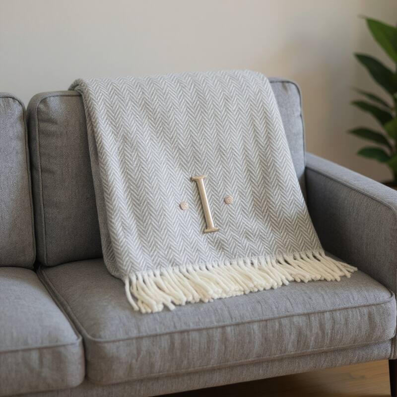 55" X 70" Gray And White Herringbone Cotton Blend A Initial Throw Blanket with Tassels And Embroidery