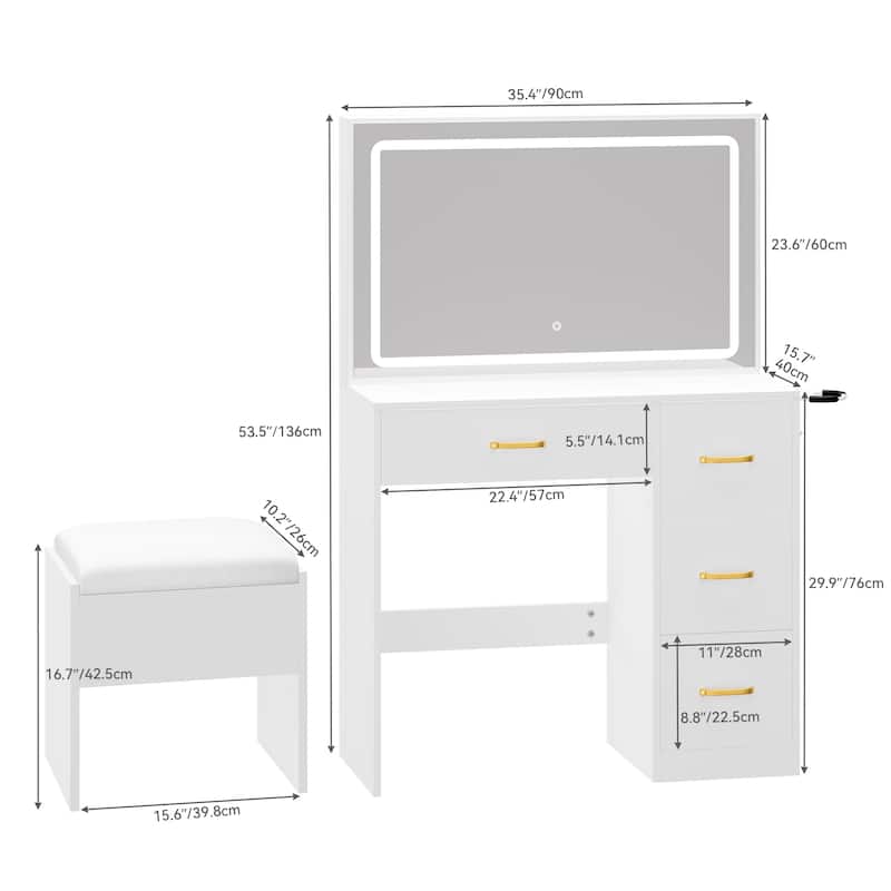 Vanity Desk Makeup Table Light Strip Mirror Dressing - 35.4"L x 15.7"W x 53.5"H