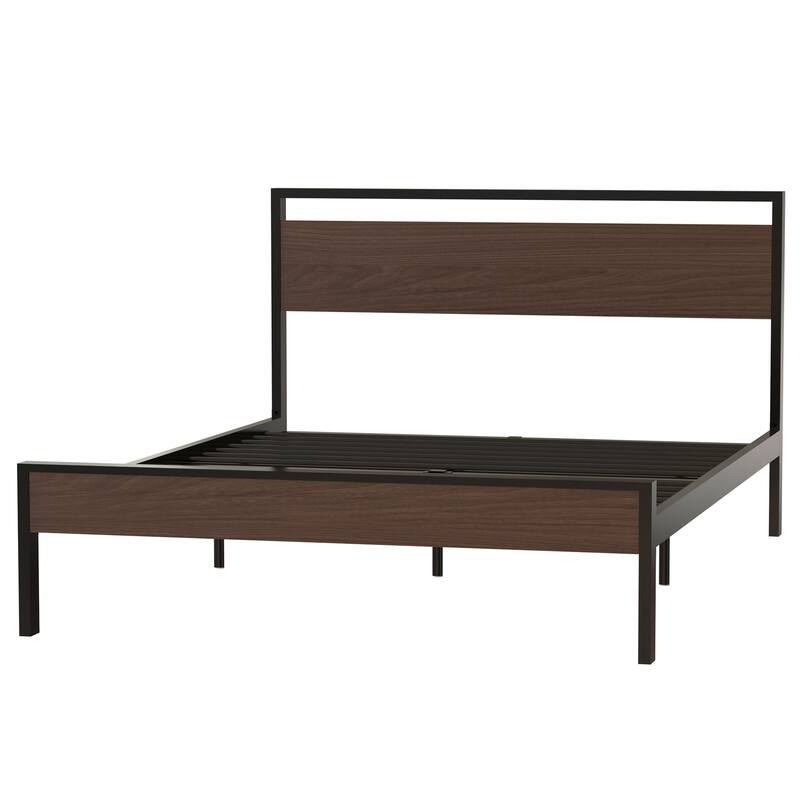 Ceres Queen Metal Bed - Black with Walnut Wood Headboard & Footboard