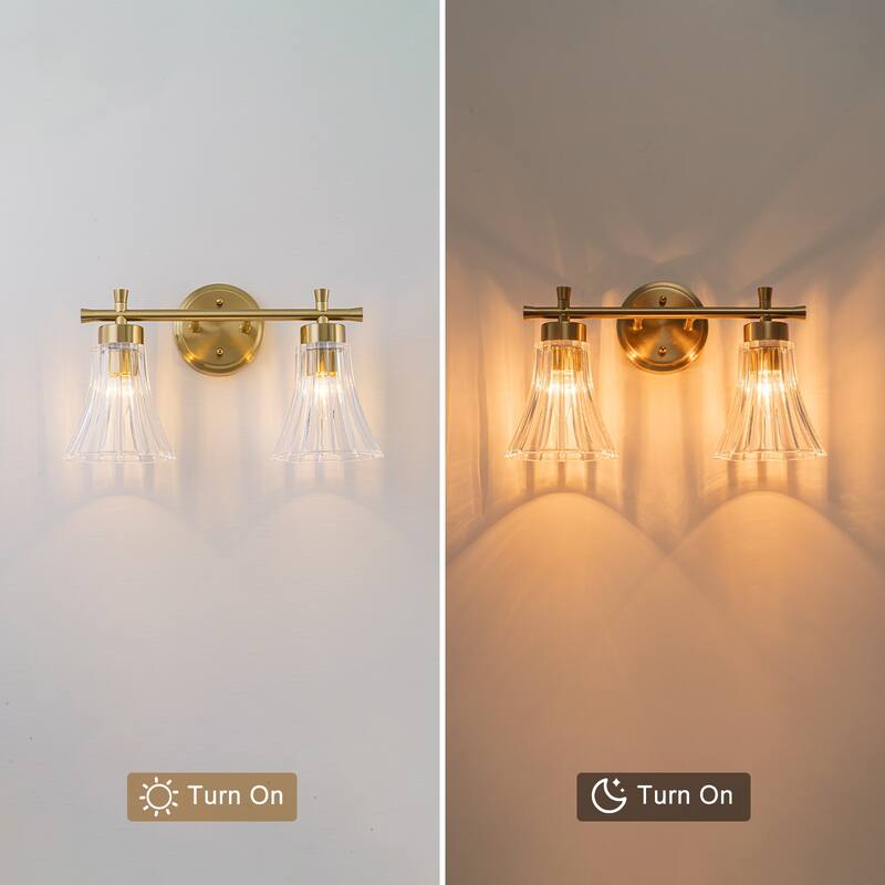 Gold Metal Wall Sconce Ribbed Trumpet Glass Shade for Bathroom Vanity