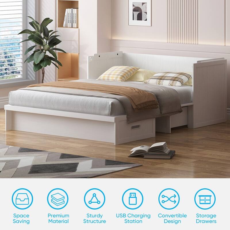 Mixoy Queen Size Murphy Bed with Charging Station & Storage Drawer,Space-Saving Design,Optional Mattress