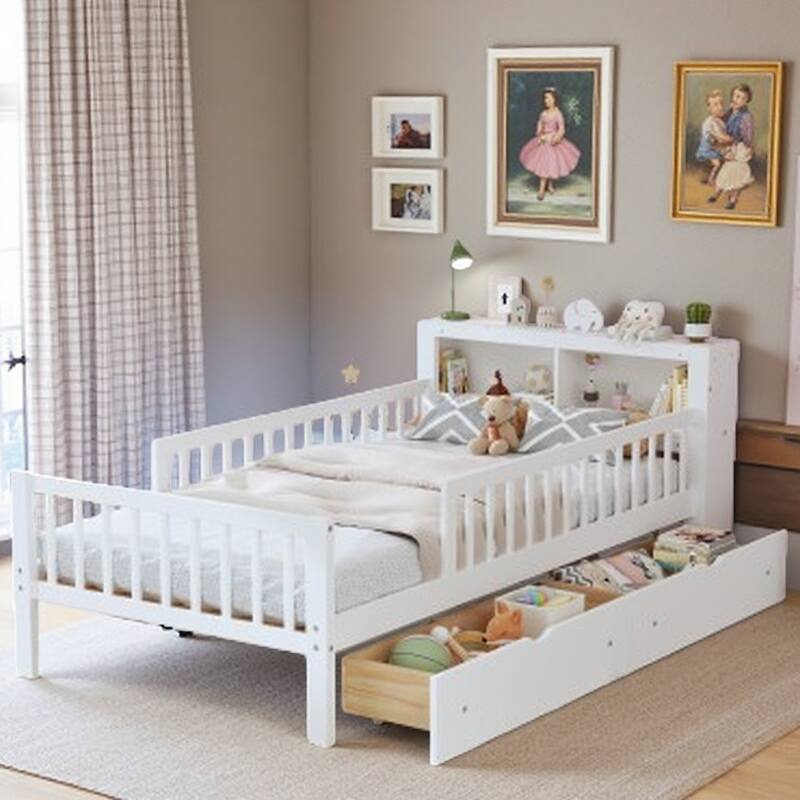 Twin Size Platform Bed with Built-In Headboard Shelves, Safety Guardrails & 2 Storage Drawers, Space-Saving Wood Frame - White