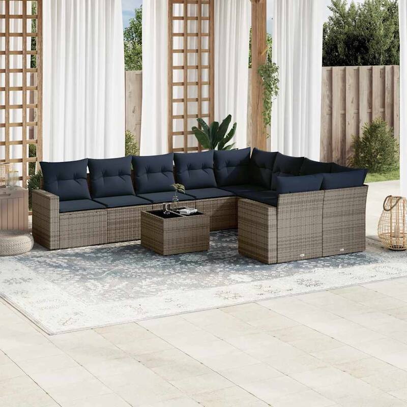 vidaXL 10 Piece Patio Sofa Set with Cushions Poly Rattan (US only) - 21.7x14.6x21.7 - Grey