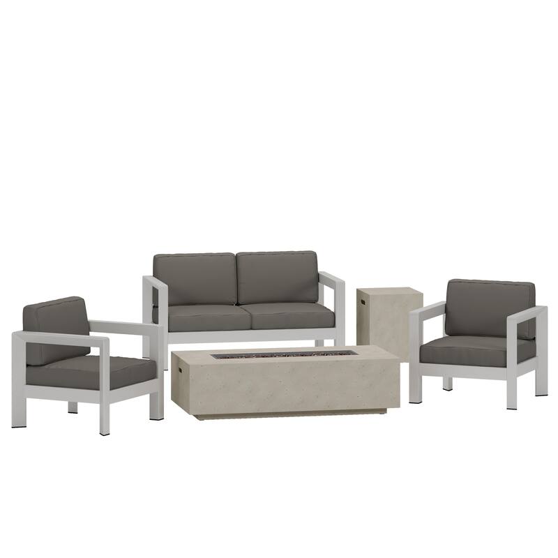 Aviara Outdoor 4-Seater Aluminum Chat Set with Fire Pit and Tank Holder by Christopher Knight Home