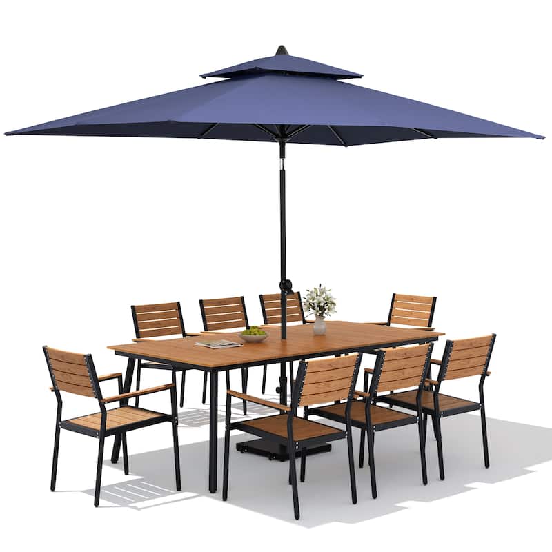 11PC Outdoor Patio Dining Set Wood-Like Aluminum Table with Stackable Armchairs,Double Top Market Umbrella and Wheel Base