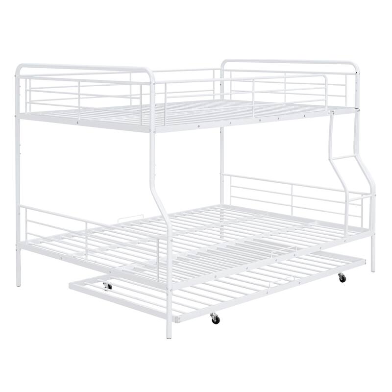 Full XL Over Queen Metal Bunk Bed with Twin Trundle, Versatile Split Design, White Bed Bath