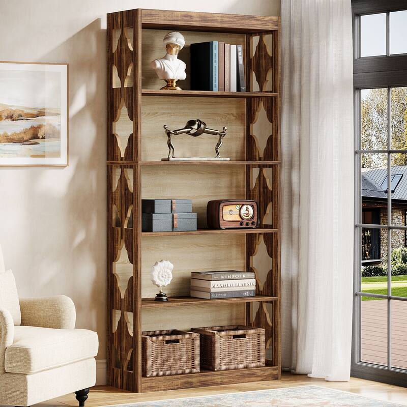 6 Tier Bookshelf and Bookcase, 70 Inch Wooden Display Shelving Unit for Living Room /Bedroom - 11.81"D x 31.5"W x 70.47"H - Rustic Brown