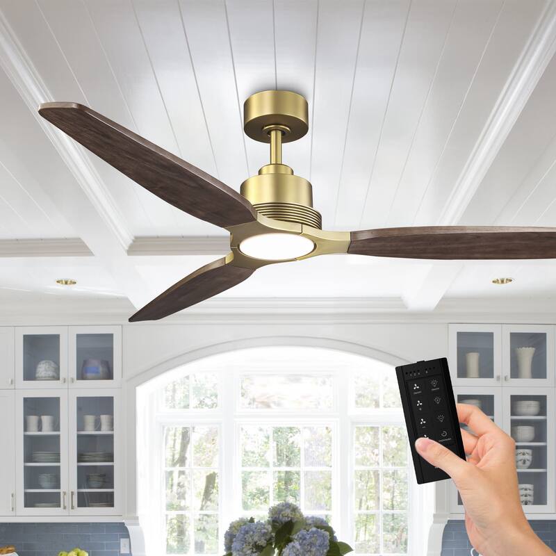 Parrot Uncle 56" Farmhouse Solid Wood Diammable LED Gold Ceiling Fan with Remote and Light