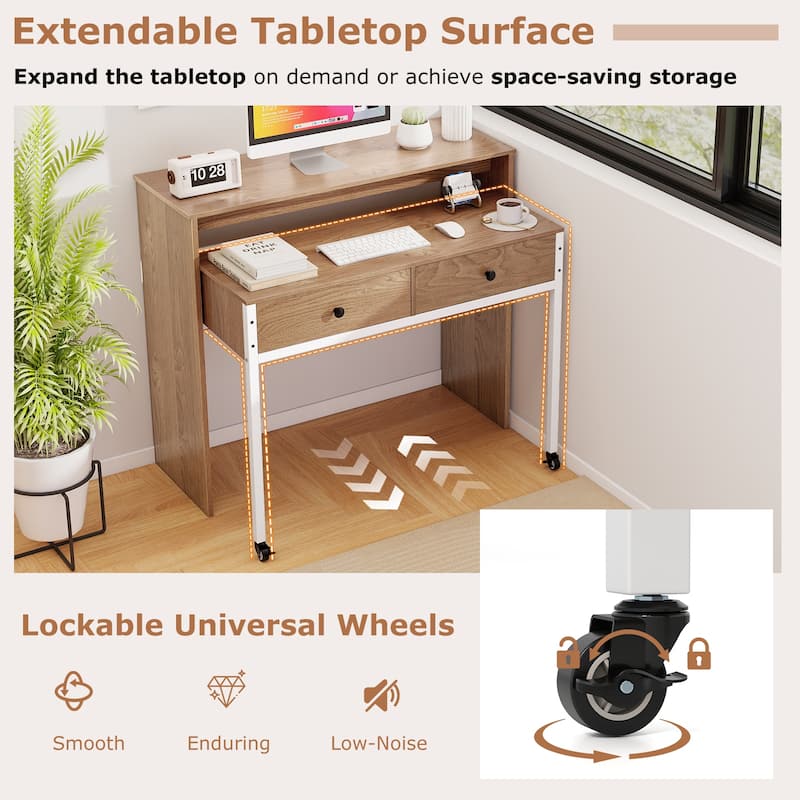 Gymax Extendable Computer Desk w/ 2 Storage Drawers & Monitor Shelf