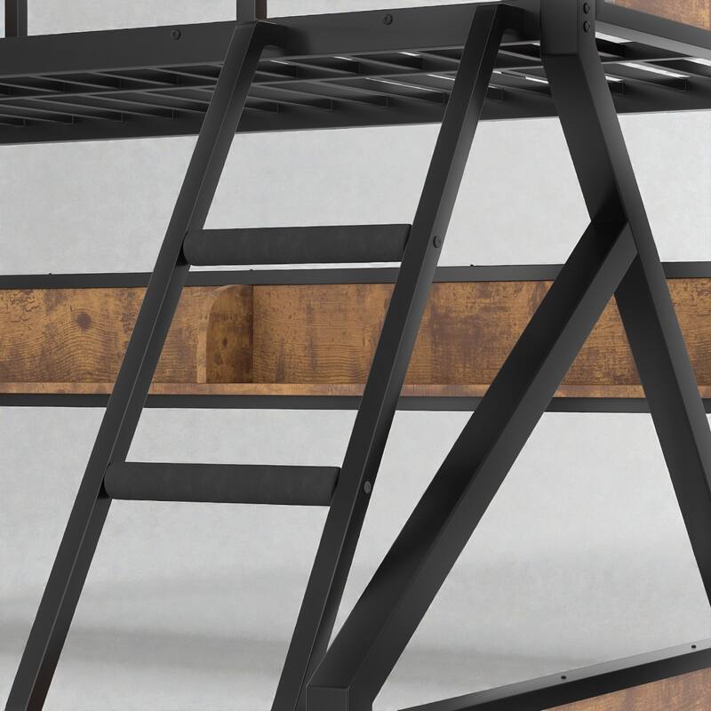 Space-Saving Metal Bunk Bed with Shelves, LED Strip Lighting, Guardrails and Woodgrain Panels, Multiple Size Options