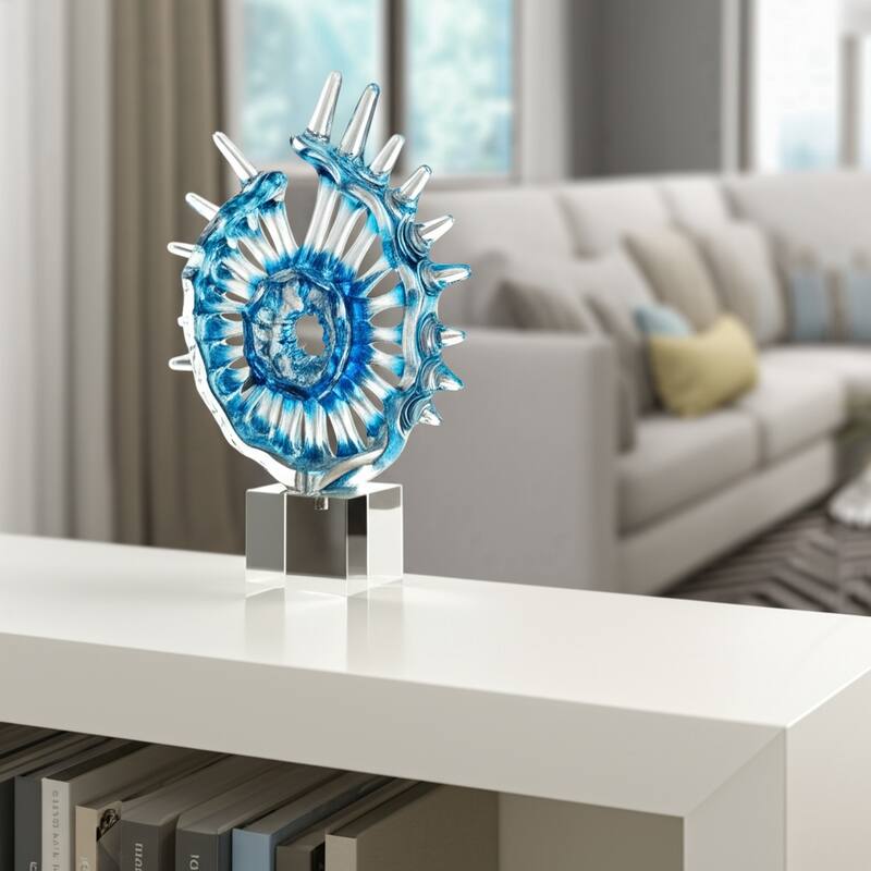 Glass Sculpture Abstract Spiral Crystal Base Modern Accent - 15" Blue - 11.5" x 3.25" x 15"