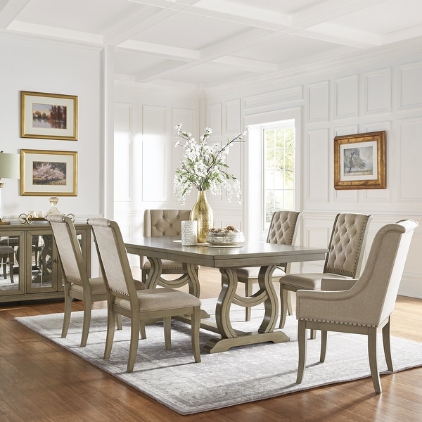 Maizy Trestle Base Dining Table with Cream Tufted Nailhead Dining