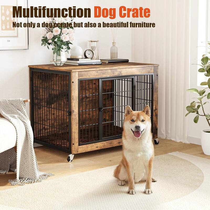 BOSSIN Dog Crate Furniture with Cushion, 32 Inch Double Doors Wooden Dog House Side End Table with Wheels for Small Medium Dogs