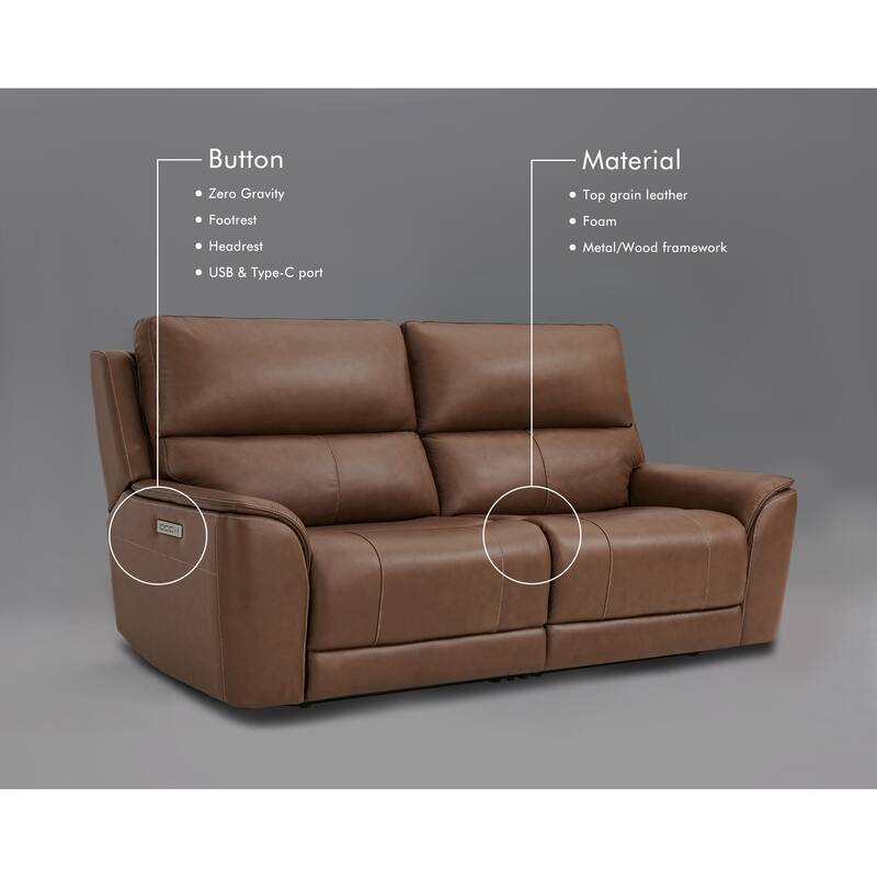 82" W Premium Genuine Leather Triple-Power Double Width loveseat with Zero Gravity, USB & Type-C Ports