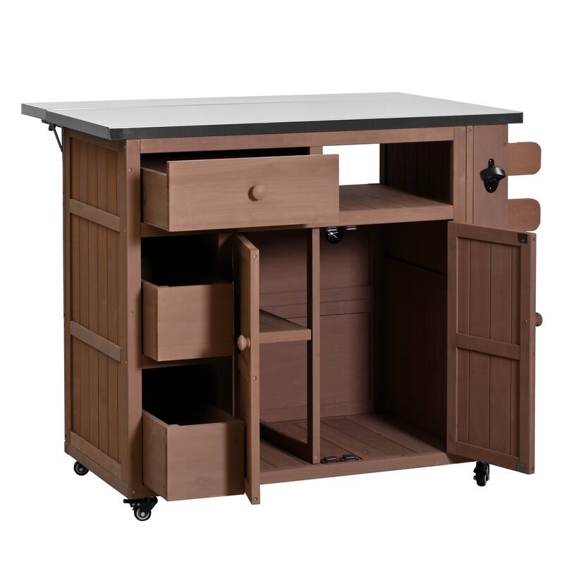 Outdoor Solid Wood Extendable Kitchen Island with Stainless Steel Top, Side Spice Rack, Drawers & Storage Cabinet