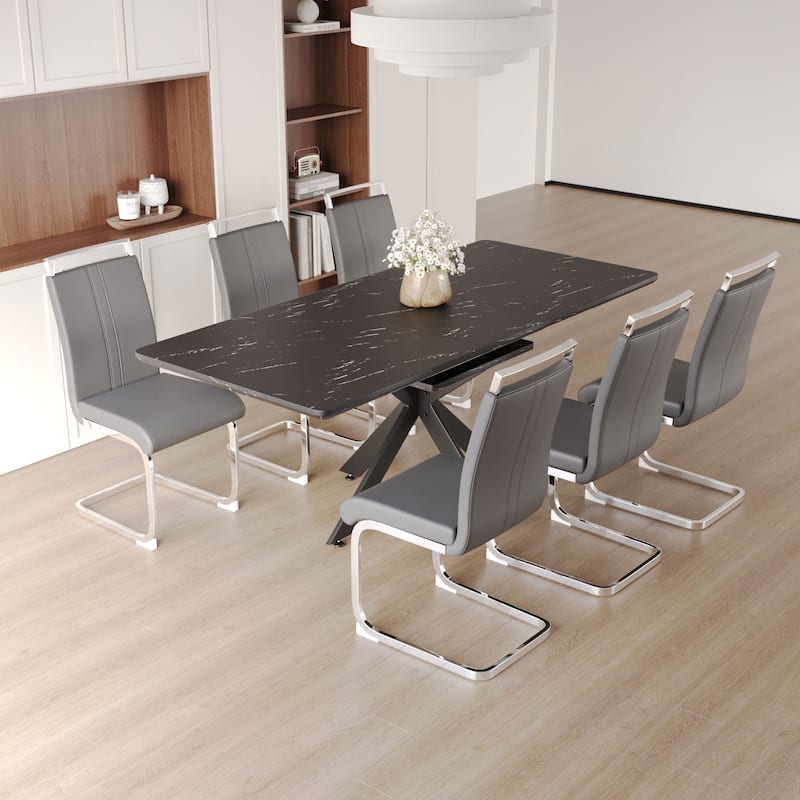 Modern Dining Set with Rectangular Extendable Large Table & C-shaped Tube Soft Padded Armless Chairs