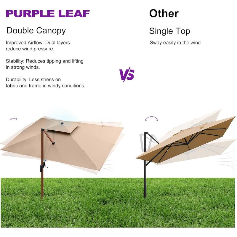 PURPLE LEAF 10 ft Square Wood Pattern Patio Cantilever Umbrella with Base