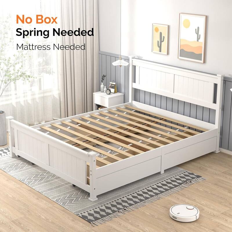 Wood Twin Size Bed Frame with 4 Storage Drawers, Solid Wood Platform Bed with Headboard