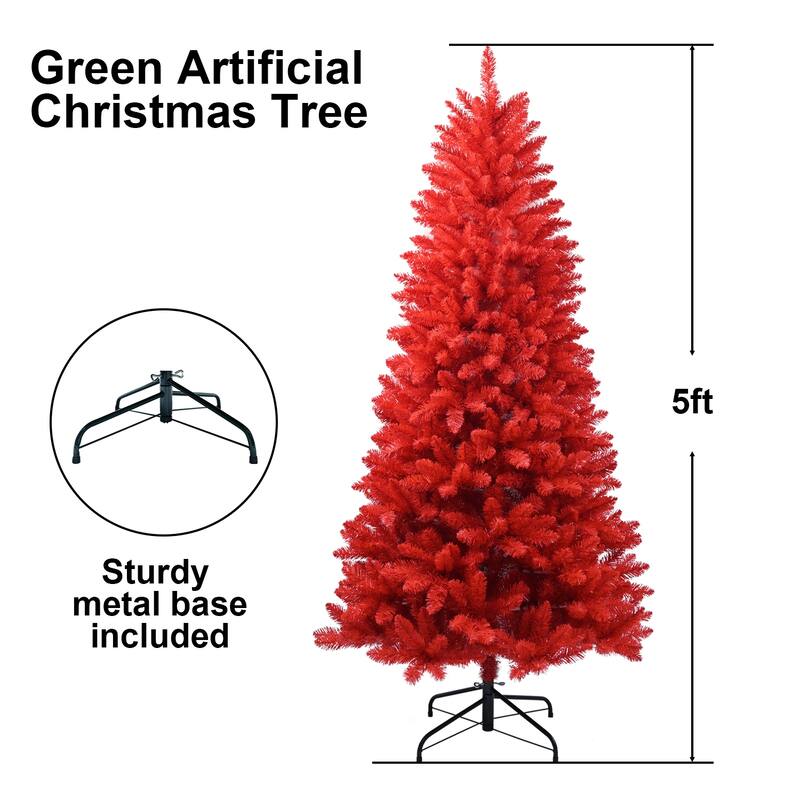 Red Artificial Christmas Tree - Pure PVC Branches, Hinged Design, Metal Stand, Bold Holiday Decor