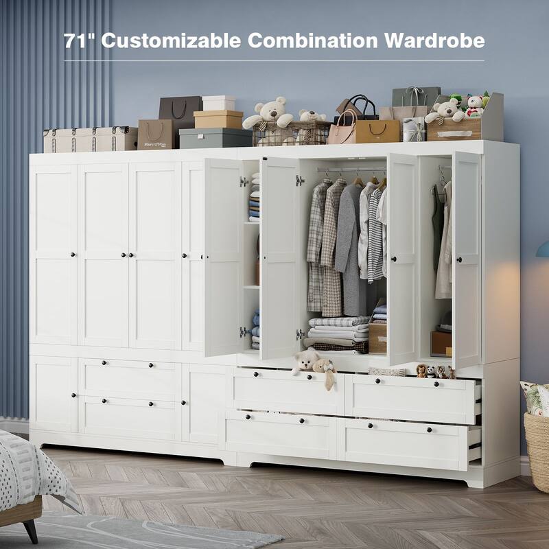 Gyomojoy Large White Wardrobe Closet with Drawers & Doors, Modular Armoire with Hanging Rods, Apartment & Dorm Storage