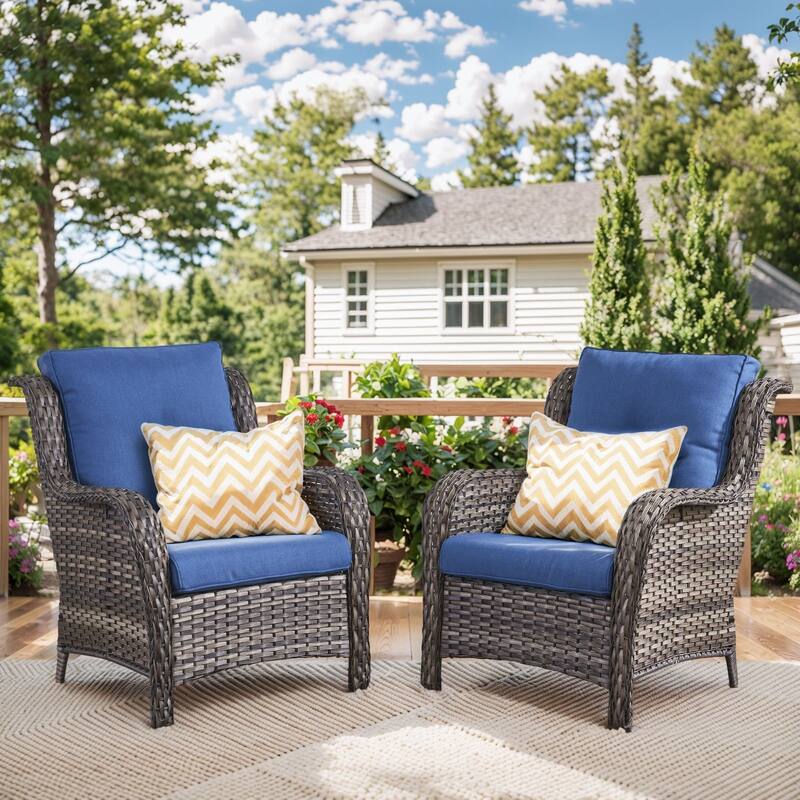 Gymojoy Outdoor Wicker Club Chairs Patio Seating with Olefin Weather-Resistant Cushions - Grey Wicker / Blue Cusion - 2-Piece