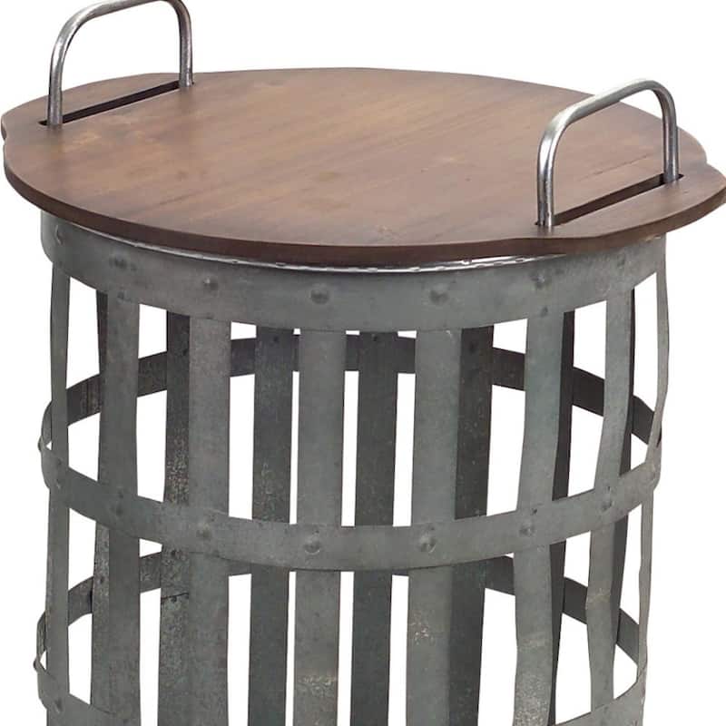 Brown Wood Tray Top End Table Set of 2 with Grey Metal Base - 11” x 11” x 15.5” (D x W x H)