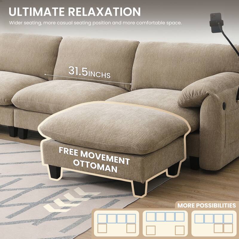 140-Inch Chenille Sectional Sofa with USB and Type-C Charging Ports, Phone Holders, Side Storage Pockets, Movement Ottomans