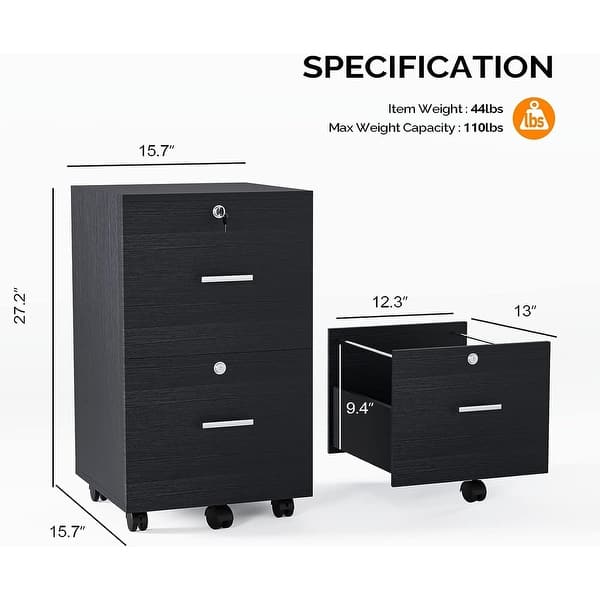 dimension image slide 4 of 5, 2-Drawer Rolling Wood File Cabinet with Lock
