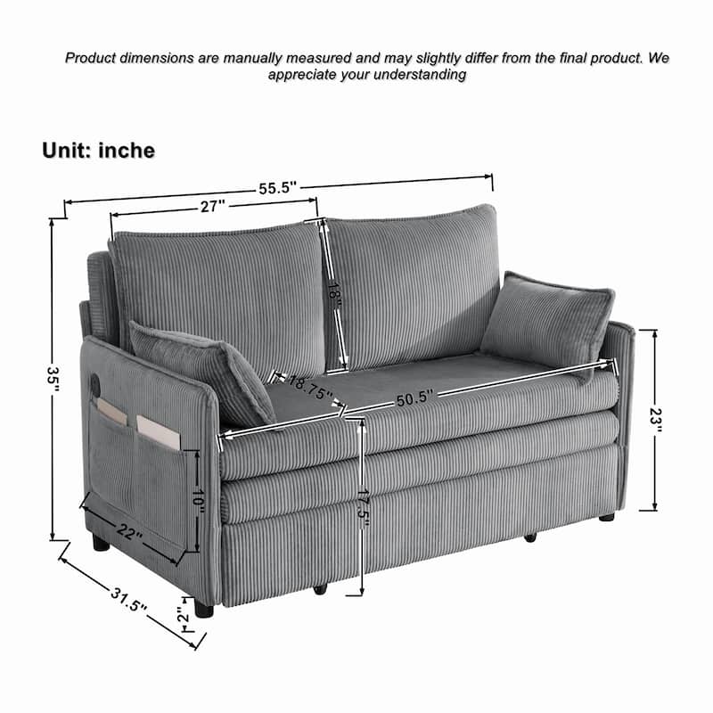 Roomfitters 55" Modern Corduroy Sofa Bed with Pull-out Sleeper Design, Modular Daybed with Storage Pocket & Pillows
