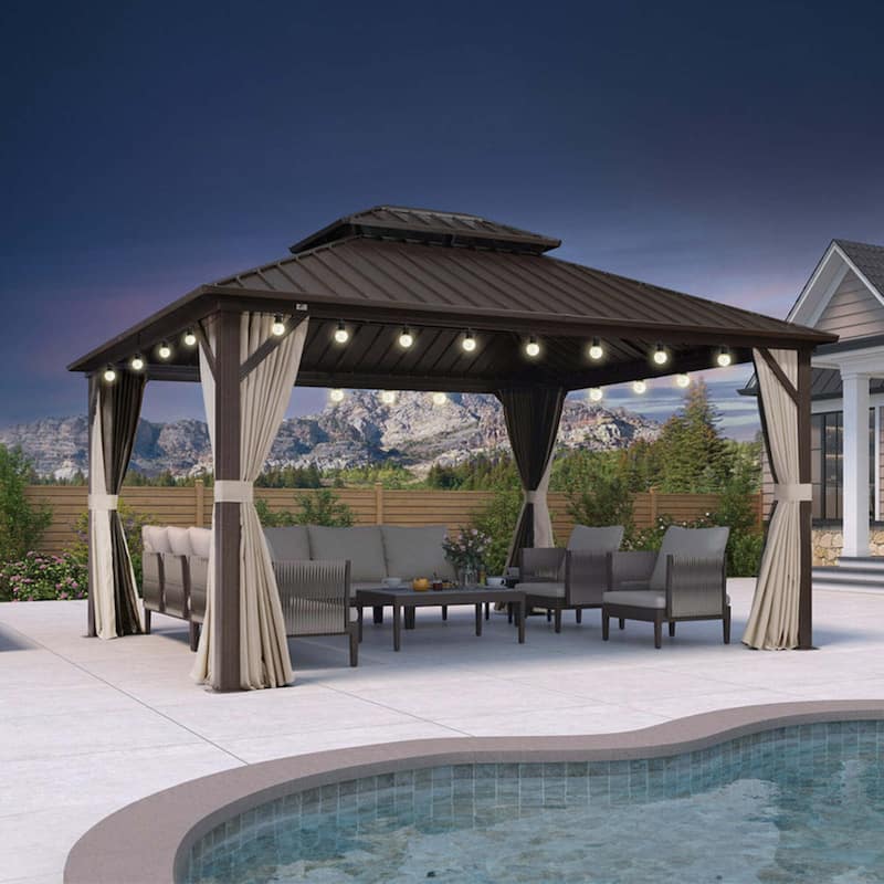 PURPLE LEAF Gazebo Outdoor Gazebo with Dual-Layer Galvanized Steel Double Roof Aluminum Gazebo with Netting and Curtains Bronze