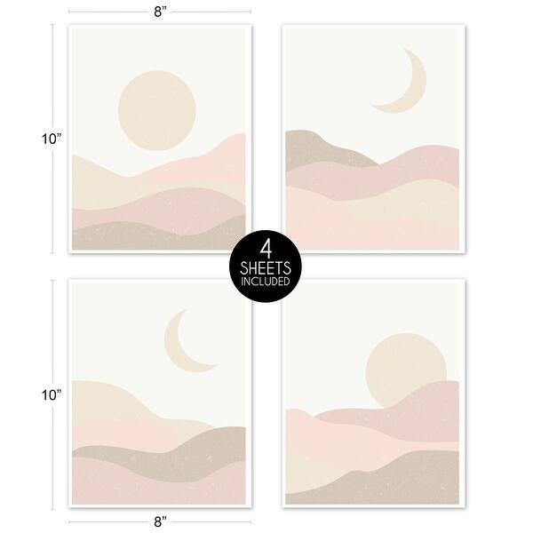 Boho Desert Sun Collection Wall Decor Art Prints (Set of 4) Pink Gold Taupe Bohemian Abstract Mountain Southwest Moon Sandscape