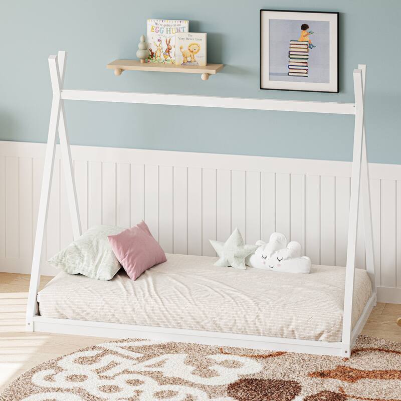 Montessori Style Low-Floor Bed, House Shape Tent Bed Frame, Without Slats