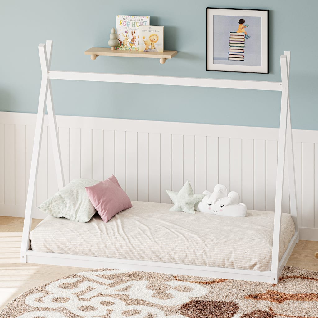 Montessori Style Low-Floor Bed, House Shape Tent Bed Frame, Without Slats