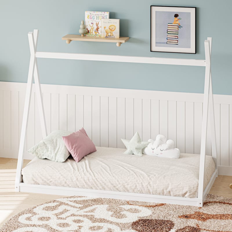 Twin Size House Floor Teepee Bed with Tent, Wood Low Montessori Bed Frame for Kids Teens Boys Girls, No Spring Box Needed
