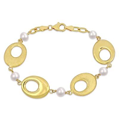 Miadora Cultured Freshwater Pearl Oval Disc Station Chain Bracelet Yellow Silver