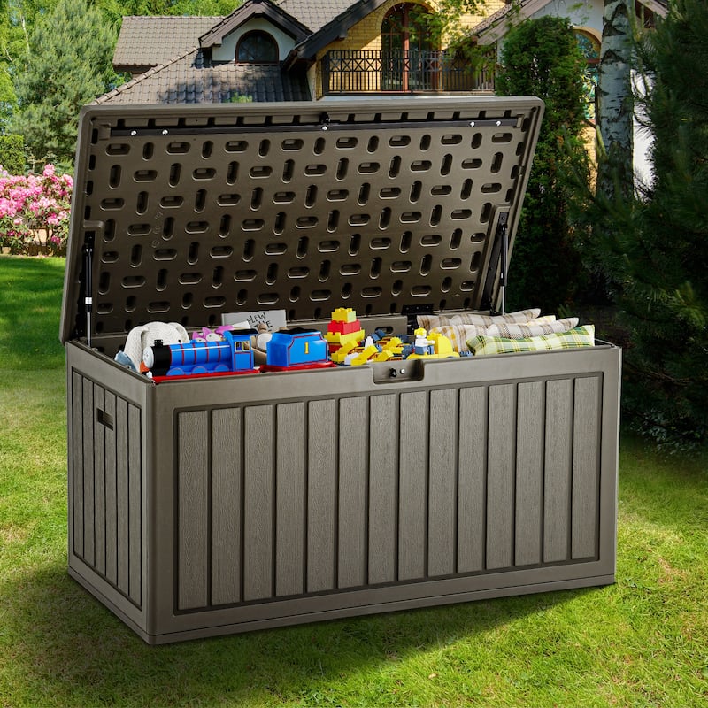 90 Gallons Water Resistant Resin Lockable Deck Box - light brown