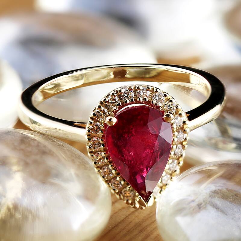 Auriya 1 1/2ct Pear Shape Red Ruby 1/6ctw Halo Diamond Engagement Ring 14k Gold
