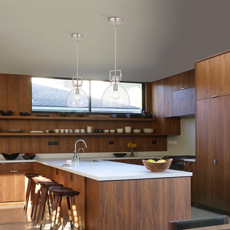 Brushed Nickel 1-Light 10 Inch Bowl Shaped Clear Glass Pendant