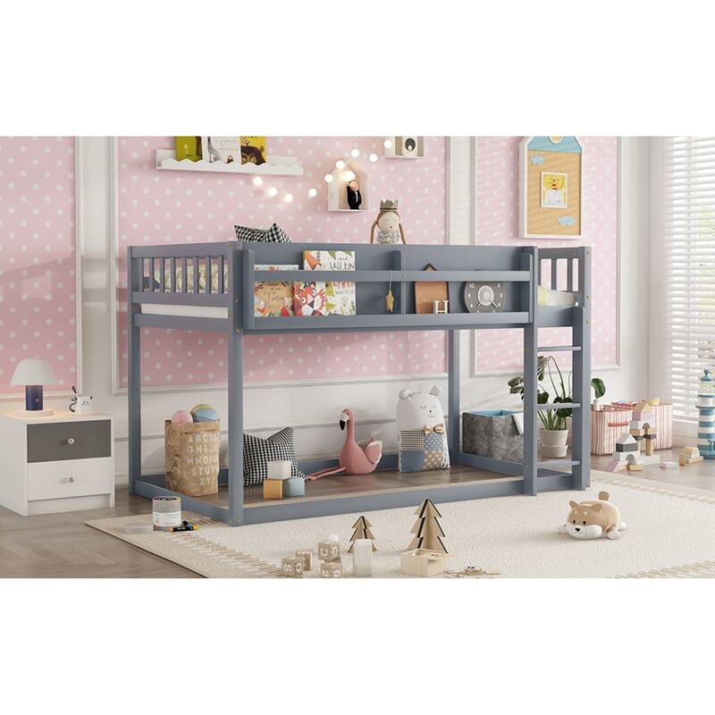 Roomfitters Twin Over Twin Bunk Bed, Low Floor Loft Platform Bed and Shelf with Wooden Frame for Bedroom