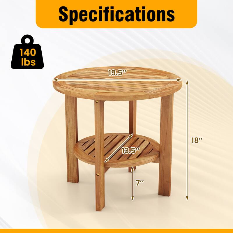 Gymax Teak Wood 2-Tier Side Table 19.5'' Round Coffee Table End Table