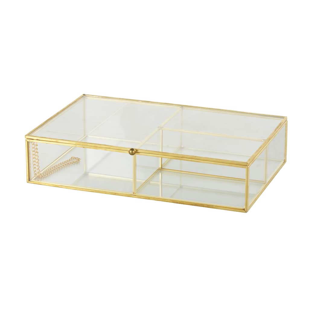 Glass 3 or 6 Slot Decorative Jewelry Box with Gold Metal Frame and Chain Accent - Clear - Roche River Decor
