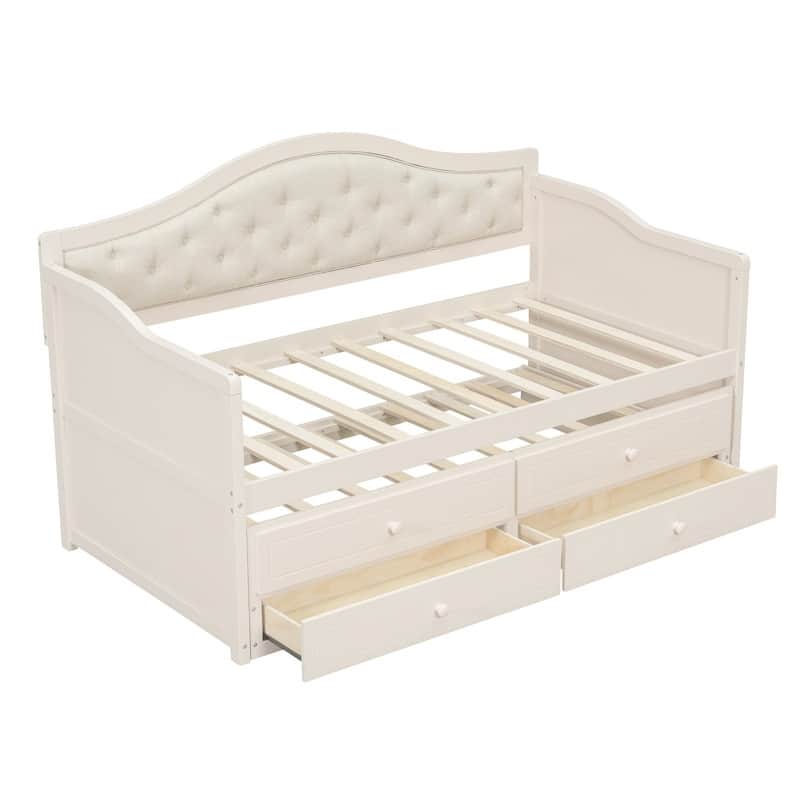 Twin Size Daybed with Trundle, 2 Storage Drawers and Upholstered Button Tufted Backrest