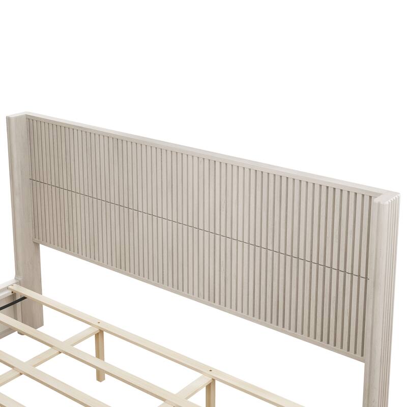 GDFStudio - Modern Solid Wood Low-Profile Platform Bed Frame with Fluted Headboard, Heavy-Duty Support & No Box Spring Needed