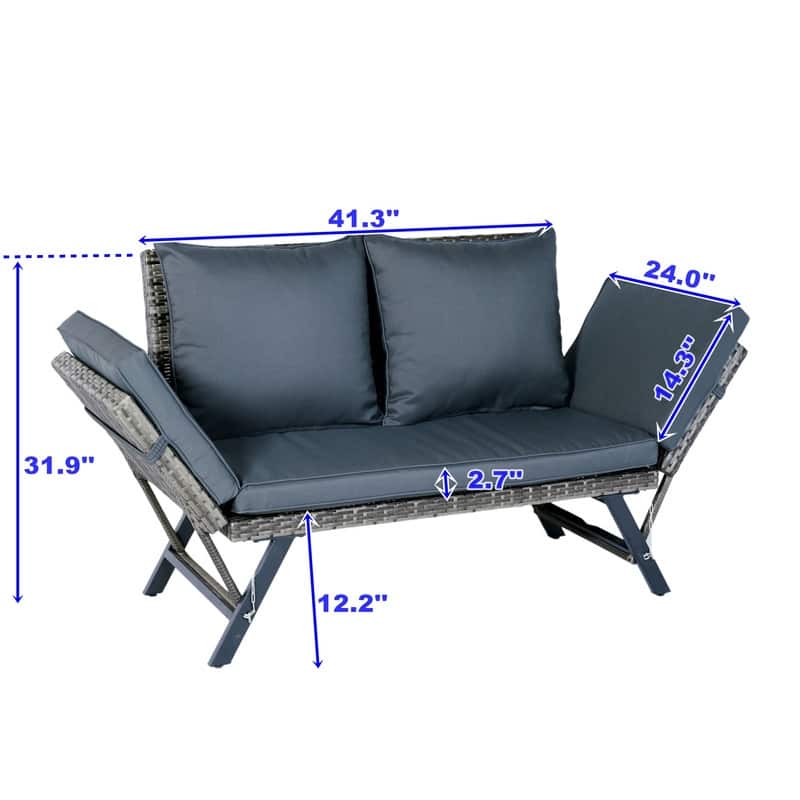 Patio Wicker Side Foldable Bench, Durable Outdoor Backyard Conversation Bench with Grey Wicker and Dark Grey Cushion - N/A