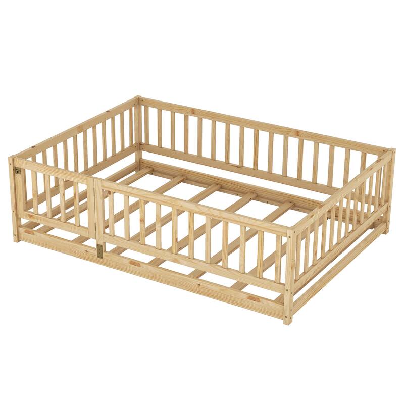 Full Size Pine Wood Floor Panel Bed with 7-Slat Support and Safety Fence and Removable Door Included
