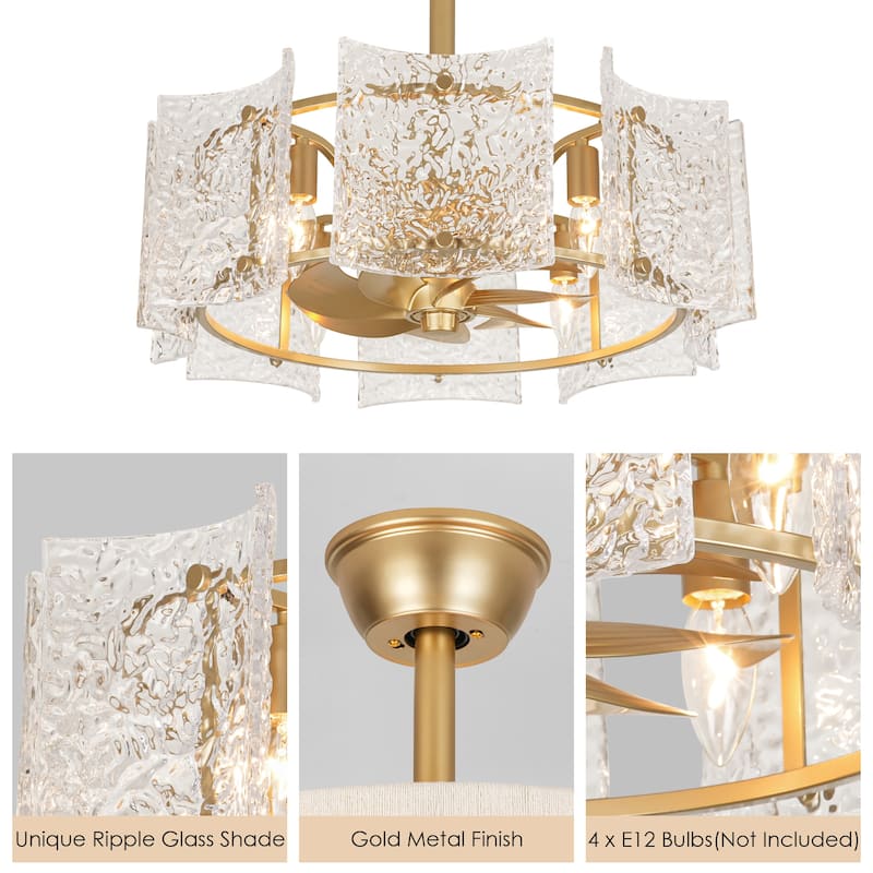 23.2 in. 4-Light Modern Gold Drum Ceiling Fan with Textured Glass Shade - 23.23 in. W x 7.87 in. H