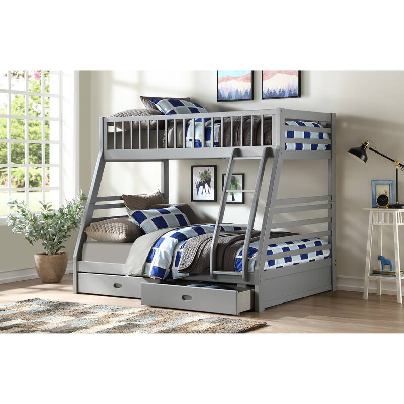 Twin Over Full Size Bunk Platform Bed Frame with 2 Storage Drawers, Stacked or Separated, Full-Length Guardrail, for Bedroom